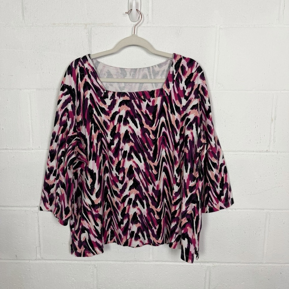 Kim‎ Rogers Curvy Square Neck Top Plus Size 3X Pink Animal Print Maximalist Fun